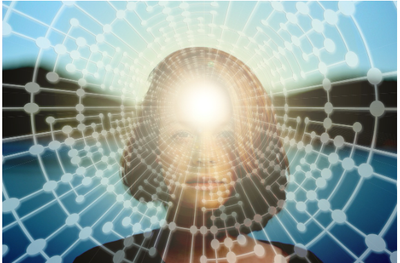 Abstrakte Illustration zu „Ein belastendes Gedankenkarussell verstehen - der Grübelfalle entkommen“: Vernetzte neuronale Muster und ein Lichtpunkt im Kopf visualisieren mentale Prozesse und innere Anspannung.