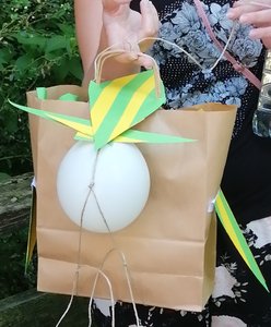 Das Bild zeigt eine Tüte mit Interieur als Flugobjekt zum sicheren Transport eines rohen Eis - Gemeinsame Interaktion und Highlight des Team-Tages mit dem Ziel: eine inspirierende Teamkultur entwickeln.