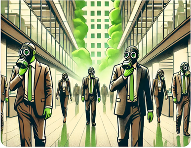 Schlechte Führung: Geschäftspersonen in einem Bürogang mit maskenhaften, emotionslosen Gesichtern – ein Symbol für Demotivation und fehlende Führungskultur.