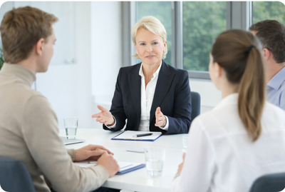 Mediation im Unternehmen: Die Mediatorin Beate Reinhart moderiert ein strukturiertes Gespräch zur Konfliktklärung mit Führungskräften und Teammitgliedern im Meetingraum.