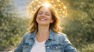 Grübeln stoppen und Chef im eigenen Kopf werden: Entspannte Frau mit geschlossenen Augen steht im Freien, umgeben von einem strukturierten, leuchtenden Gedankenmuster als Symbol für innere Klarheit, Ordnung im Denken und innere Ruhe nach dem Ausstieg aus dem Gedankenkarussell.