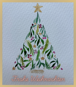 Selbstgemalter Aquarell-Weihnachtsbaum mit goldenem Stern. Bild zum persönlichen Weihnachtsgruß von Beate Reinhart, Kompetenz Mensch, Business Coaching und Mediation.