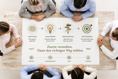 Konflikte im Team lösen: Entscheidungsträger im Unternehmen analysieren Ursachen und Ziele eines Konflikts im Team, um den passenden Weg für Konfliktklärung, Kommunikation und Teamentwicklung zu finden.