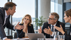 Das Bild zeigt ein konfliktbehaftetes Meeting von vier Mitgliedern der Geschäftsleitung eines Unternehmens - auch das ein typisches Einsatzgebiet für Mediation im Unternehmen.