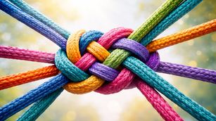 Ineinander verschlungene, farbige Seile als Symbol für Zusammenarbeit, Verbundenheit und Vertrauen – eine inspirierende Teamkultur entwickeln und zusammenwachsen beim Team-Tag eines Start-ups.