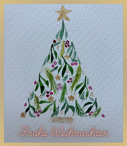 Selbstgemalter Aquarell-Weihnachtsbaum mit goldenem Stern. Bild zum persönlichen Weihnachtsgruß von Beate Reinhart, Kompetenz Mensch, Business Coaching und Mediation.