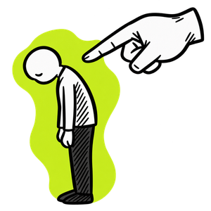 Eine handgezeichnete Figur in gebückter Haltung, als Betroffener des Mobbings. Aus sie zeigt der niederdrückende Finger des Angreifers. Das Icon symbolisiert den Leistungsbereich "Beratung bei Mobbingverdacht am Arbeitsplatz" bei Kompetenz Mensch.