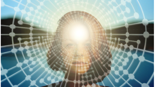 Abstrakte Illustration zu „Belastende Gedankenkarusselle verstehen“: Vernetzte neuronale Muster und ein Lichtpunkt im Kopf visualisieren mentale Prozesse und innere Anspannung.