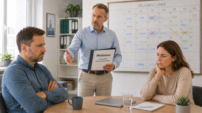 Kann der Arbeitgeber Mitarbeiter zur Mediation verpflichten? Führungskraft spricht mit zwei Mitarbeitenden über Mediation bei Konfliktklärung im Team.