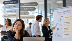 Das Bild zeigt ein Team in dem Unsicherheit und Orientierungslosigkeit aufgrund von Veränderung und wandel zu spüren sind. Ein typischen Einsatzfeld für Mediation im Unternehmen.