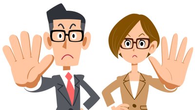 Zwei Mitarbeitende mit abwehrend ausgestreckten Händen: Sie symbolisieren die Frage: "Warum Mitarbeitende sich mit Mediation häufig schwertun":