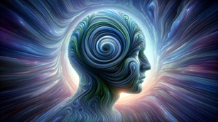 Illustration zum Thema "Gedankenkarussell stoppen": Bild eines Kopfes mit spiralförmigen Gedanken, der das Gedankenkarussell darstellt.