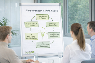 Ablauf einer Mediation im Unternehmen – handgezeichnete Darstellung der einzelnen Schritte einer strukturierten Konfliktklärung auf dem Flipchart.
