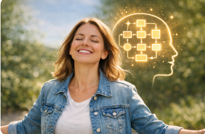 Grübeln stoppen und Chef im eigenen Kopf werden: Entspannte Frau mit geschlossenen Augen steht im Freien, umgeben von einem strukturierten, leuchtenden Gedankenmuster als Symbol für innere Klarheit, Ordnung im Denken und den Ausstieg aus dem Gedankenkarussell.