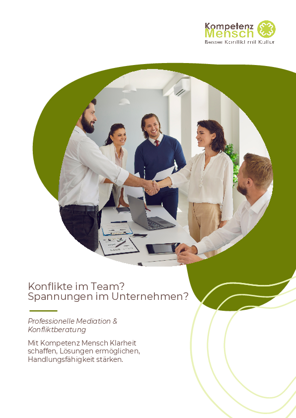 Aktueller Flyer zum Bereich professionelle Mediation am Arbeitsplatz und Konfliktberatung in Nürnberg bei Kompetenz Mensch.
