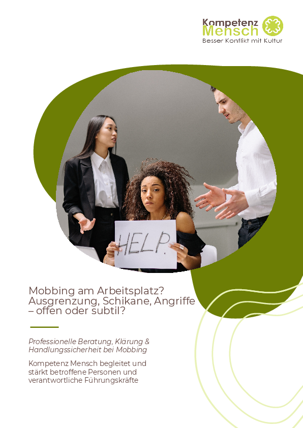Aktueller Flyer von Kompetenz Mensch zum Leistungsbereich: Beratung bei Mobbingverdacht.