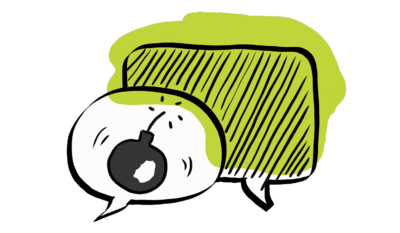 Icon für professionelle Mediation am Arbeitsplatz in Nürnberg – grüne stilisierte Sprechblase mit gezündeter Bombe als Symbol für eskalierte Konflikte am Arbeitsplatz. Steht für professionelle Mediation am Arbeitsplatz in Nürnberg & Konfliktberatung | Kompetenz Mensch.