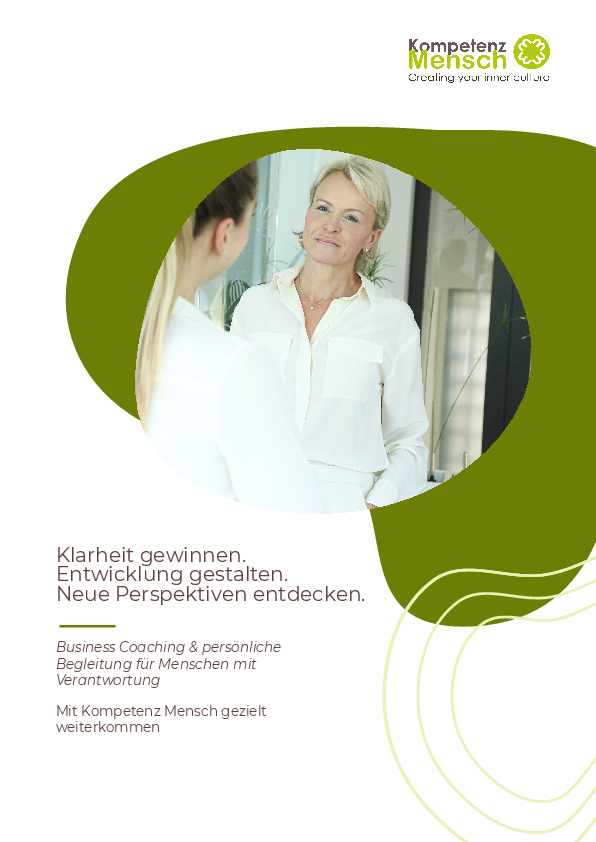 Flyer Business Coaching für Führungskräfte und Entscheider – Coaching-Angebote, Leistungspakete und Kontaktinfos von Kompetenz Mensch.